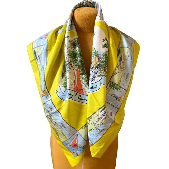 tory burch souvenir silk square scarf acid lemon 36"x36" yellow blue beach ocean - Picture 3 of 13